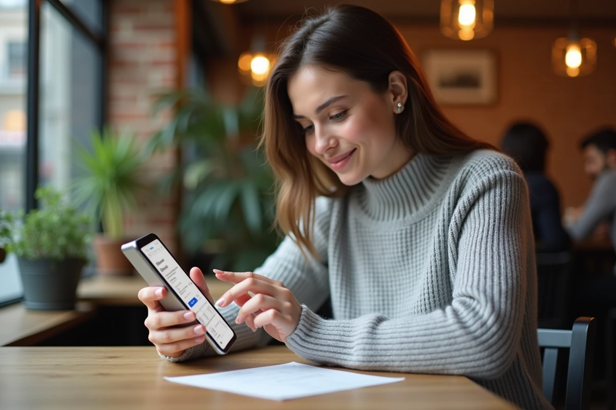 Femme utilisant l'application Epsilon scan.to sur smartphone dans un café pour lire ses documents numérisés