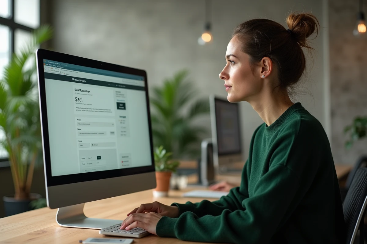 Femme accédant à son espace client EDF ENR depuis un espace de coworking sur ordinateur de bureau