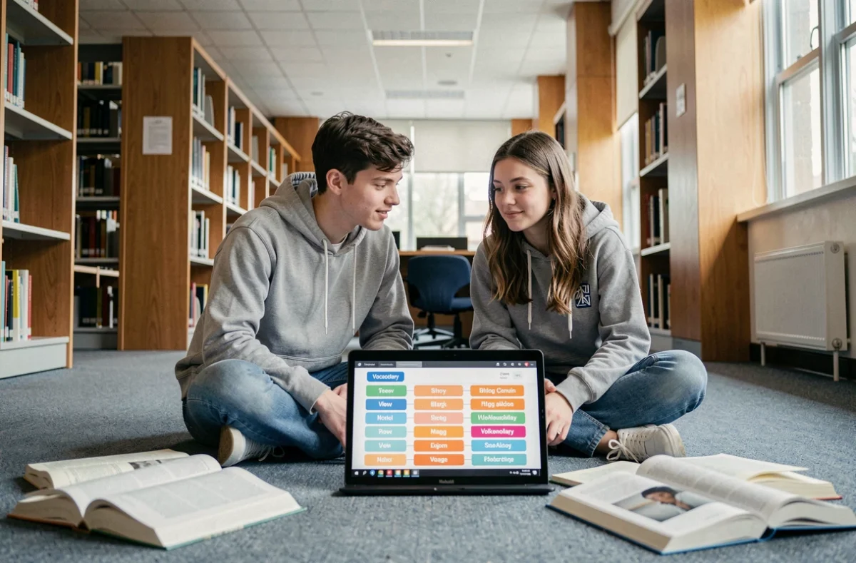 Deux étudiants assis dans une bibliothèque universitaire comparant leurs scores sur un jeu de mots pédagogique comme Pédantix