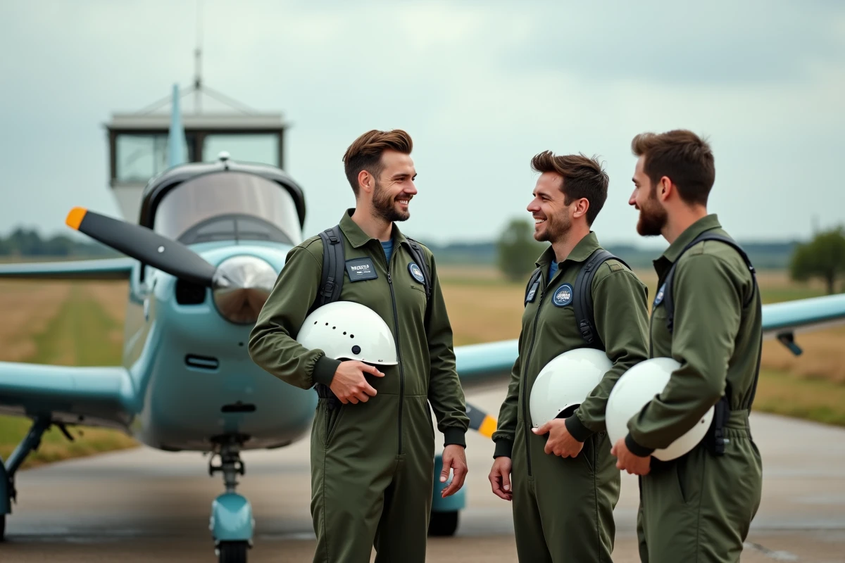 Étudiants pilotes en combinaison de vol autour d'un avion d'entraînement sur un aérodrome français