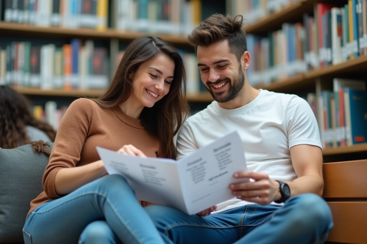 Deux étudiants révisant ensemble les erreurs courantes de conjugaison en français dans une bibliothèque universitaire