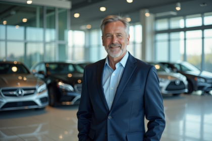 Directeur automobile en costume dans un showroom moderne