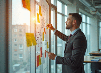 Cadre senior dans un bureau moderne regardant des notes colorées