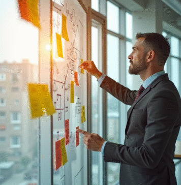 Cadre senior dans un bureau moderne regardant des notes colorées