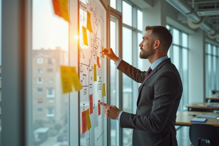 executif-inspiration-innovation Cadre senior dans un bureau moderne regardant des notes colorées