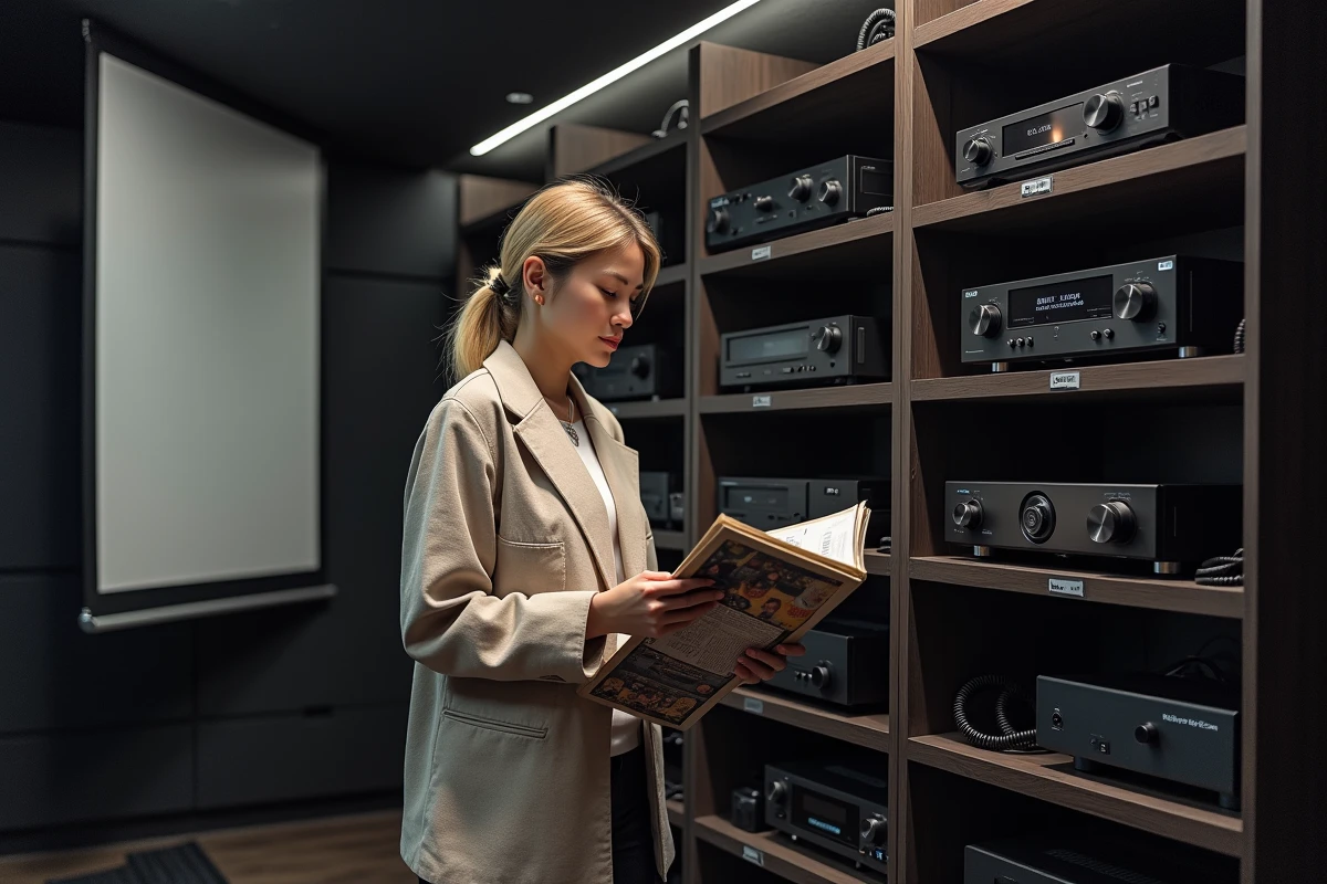 Femme experte en home cinéma consultant une tablette dans une salle de test équipée de matériel audio-vidéo professionnel