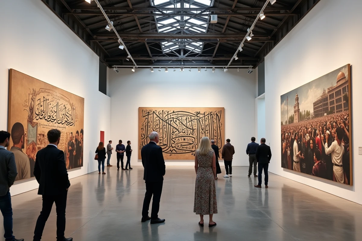 Vue panoramique d'une exposition d'art contemporain explorant les frontières entre sacré, politique et création artistique avec des visiteurs en contemplation