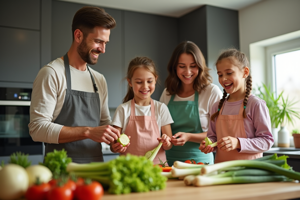 Famille heureuse cuisinant avec légumes frais dans la cuisine