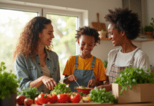 Famille diverse préparant un repas végétarien dans une cuisine lumineuse