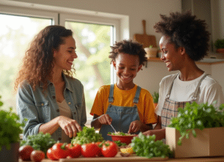 Famille diverse préparant un repas végétarien dans une cuisine lumineuse