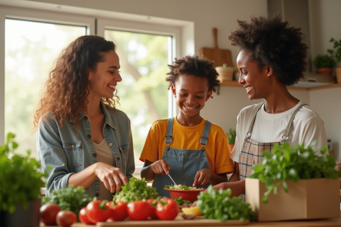 famille-cuisine-vegetarienne Famille diverse préparant un repas végétarien dans une cuisine lumineuse