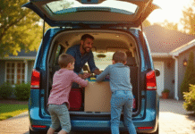 Famille chargant bagages dans un minivan spacieux ensoleille