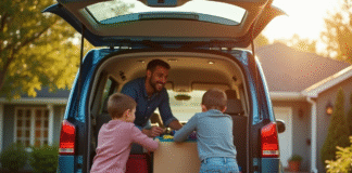 Famille chargant bagages dans un minivan spacieux ensoleille