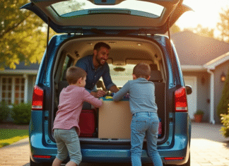 Famille chargant bagages dans un minivan spacieux ensoleille