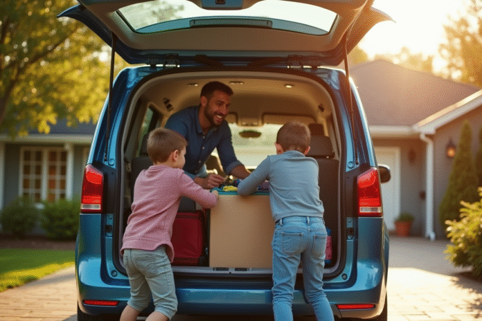 famille-minivan-vacances Famille chargant bagages dans un minivan spacieux ensoleille