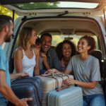 Groupe de famille et amis riant en chargeant le coffre du van