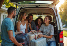 Groupe de famille et amis riant en chargeant le coffre du van