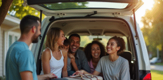 Groupe de famille et amis riant en chargeant le coffre du van