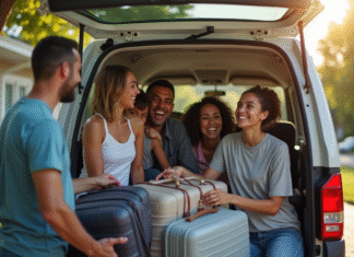 Pourquoi choisir un van 7 places d’occasion pour des déplacements en groupe ? Groupe de famille et amis riant en chargeant le coffre du van
