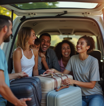 Pourquoi choisir un van 7 places d’occasion pour des déplacements en groupe ? Groupe de famille et amis riant en chargeant le coffre du van