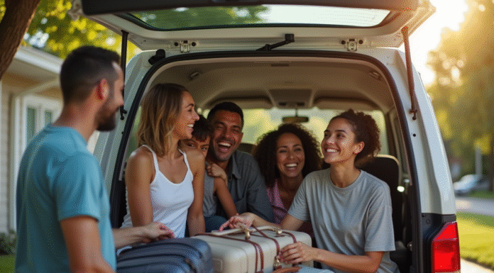 Groupe de famille et amis riant en chargeant le coffre du van
