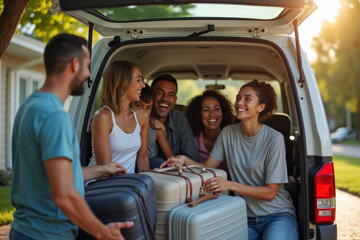 Groupe de famille et amis riant en chargeant le coffre du van