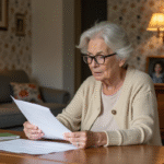 Vendre sa maison : qui est le plus susceptible ? Femme âgée examinant des documents immobiliers dans un salon chaleureux