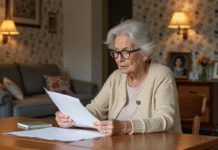 Femme âgée examinant des documents immobiliers dans un salon chaleureux