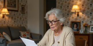 Femme âgée examinant des documents immobiliers dans un salon chaleureux