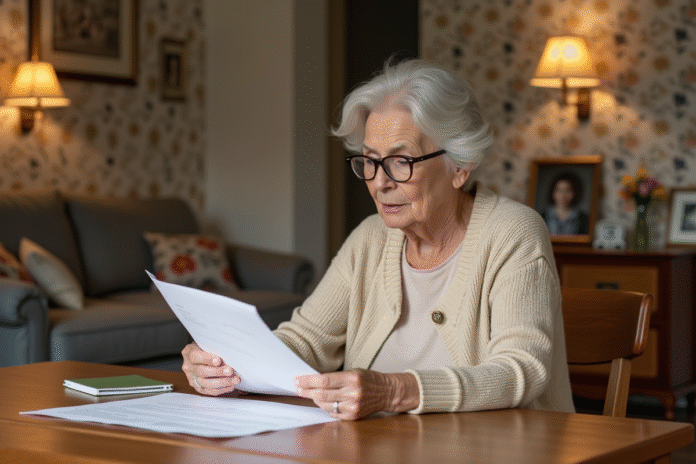 Femme âgée examinant des documents immobiliers dans un salon chaleureux