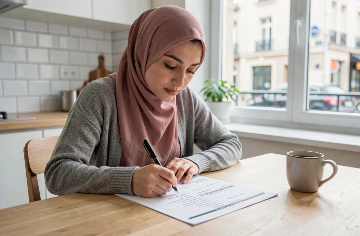Jeune femme musulmane annotant un horaire de prière mensuel imprimable à la table de cuisine à Orléans