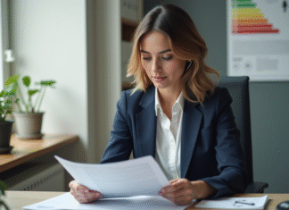 Femme professionnelle examine un dossier d'audit énergétique