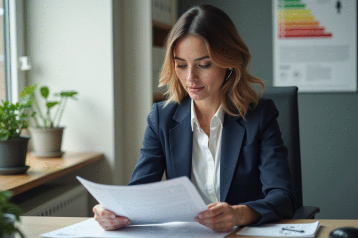 femme-audit-energie-bureau Femme professionnelle examine un dossier d'audit énergétique