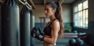 Quelle taille de gant de boxe choisir pour un entraînement optimal ? Jeune femme sportive examinant des gants de boxe dans une salle
