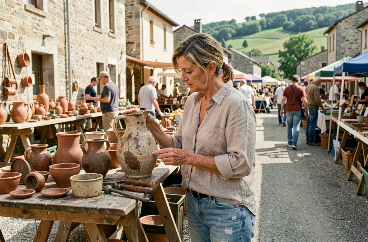 Femme chinant une cruche en céramique sur un stand de brocante en plein air dans le Cantal