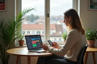 Femme au bureau à Lyon avec téléphone et ordinateur