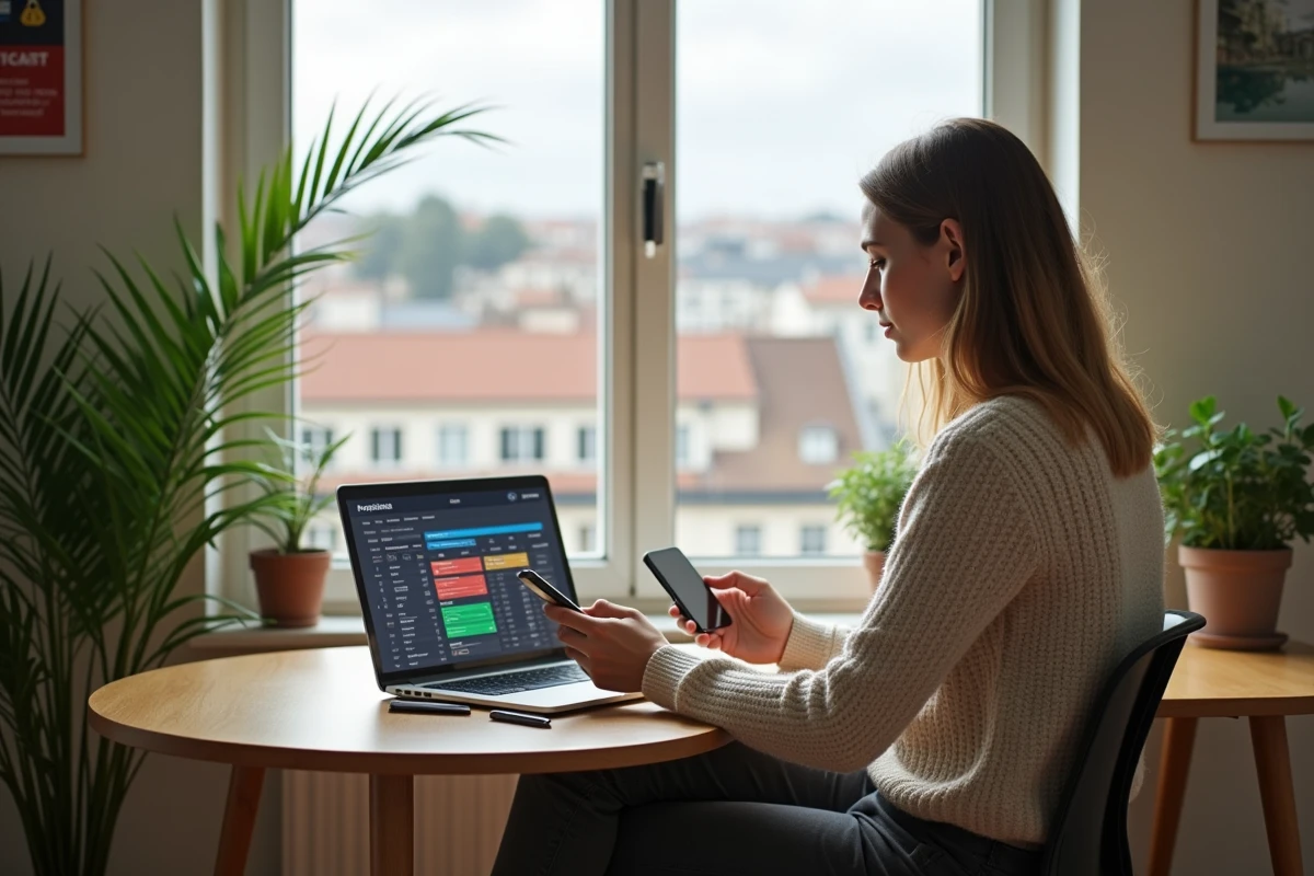 Femme au bureau à Lyon avec téléphone et ordinateur