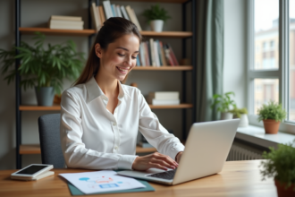 Jeune femme au bureau avec ordinateur et diagrammes marketing