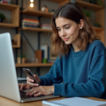 Cybersécurité : Quelle est la première règle à suivre pour être protégé ? Jeune femme au bureau avec ordinateur et smartphone