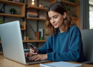 Cybersécurité : Quelle est la première règle à suivre pour être protégé ? Jeune femme au bureau avec ordinateur et smartphone