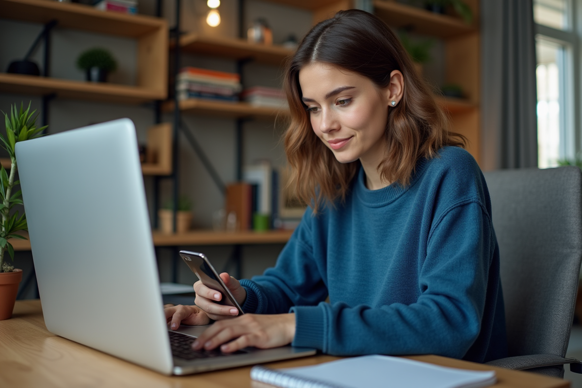 Jeune femme au bureau avec ordinateur et smartphone