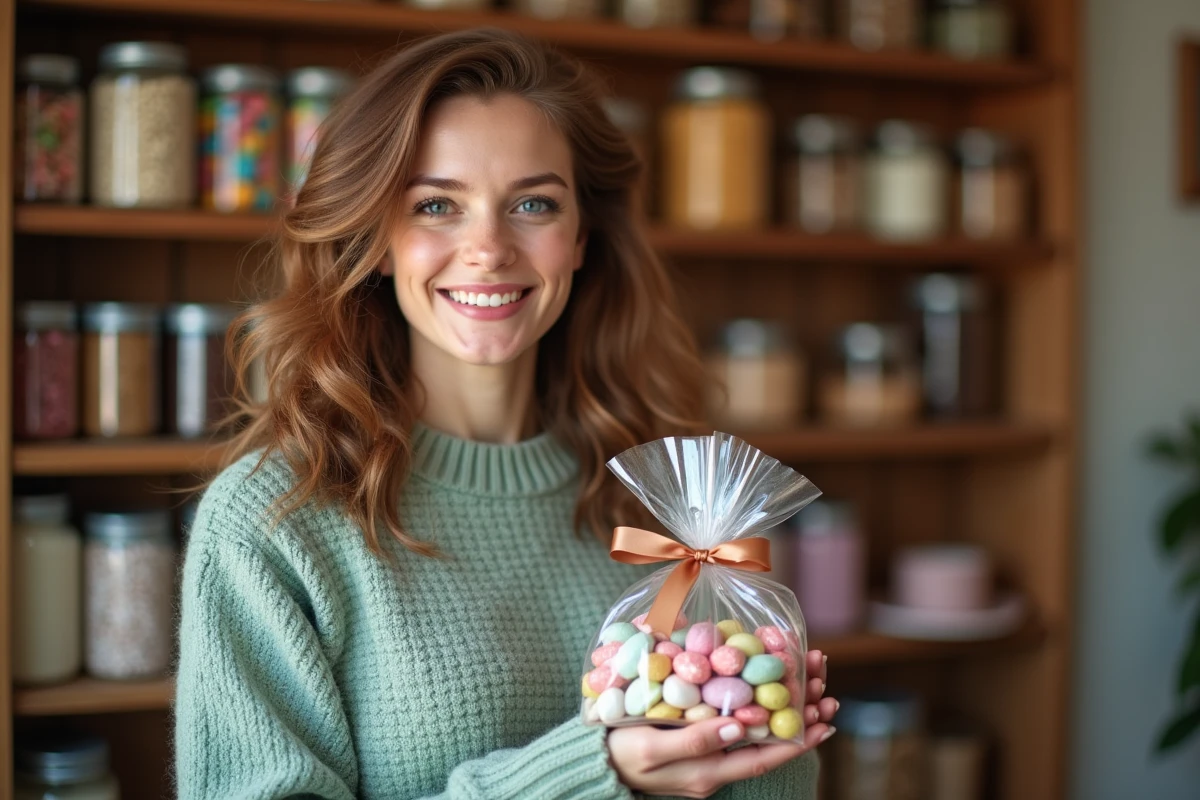 Femme tenant un sachet de dragées colorées comme cadeau gourmand à petit prix dans une confiserie artisanale