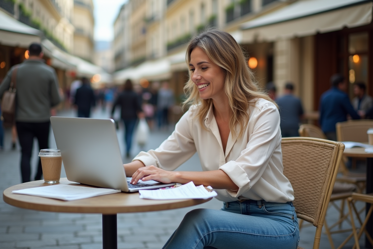 Femme souriante au café vérifiant ses factures immobilières