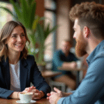 Femme souriante en blazer navy et homme au café