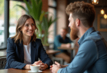 Femme souriante en blazer navy et homme au café