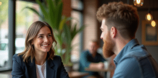 Personne attractive : comment devenir irrésistible en impliquant l’autre ? Femme souriante en blazer navy et homme au café