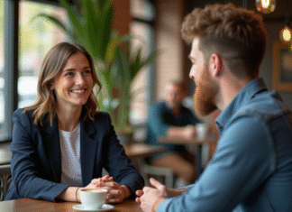 Personne attractive : comment devenir irrésistible en impliquant l’autre ? Femme souriante en blazer navy et homme au café
