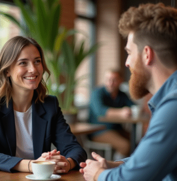Personne attractive : comment devenir irrésistible en impliquant l’autre ? Femme souriante en blazer navy et homme au café