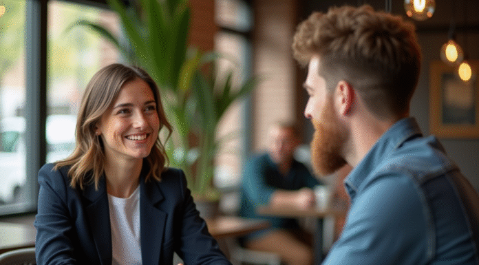 Femme souriante en blazer navy et homme au café