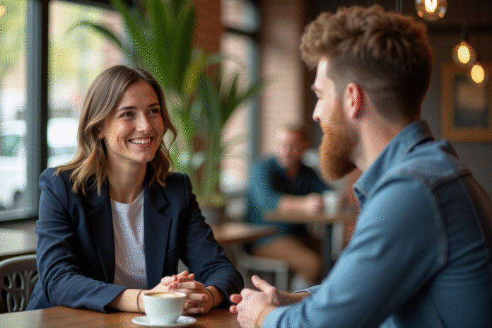 Femme souriante en blazer navy et homme au café